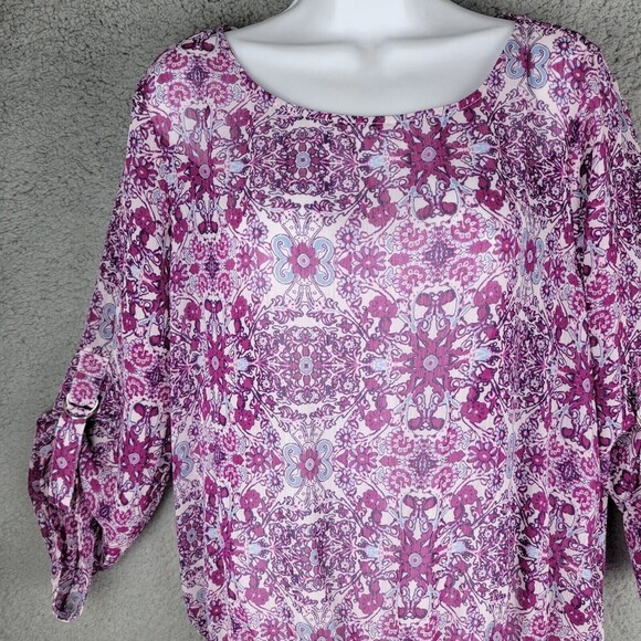 Fever Womens Blouse Top  Large Elastic Smocked Waist Tab Sleeves Sheer Floral - Picture 15 of 16